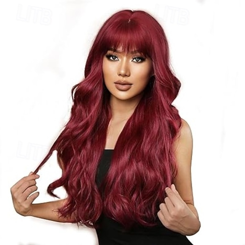 Wig With Bangs Long Curly Wave Wigs for Women Natural Looking Synthetic Heat Resistant Wig for Daily Party Use