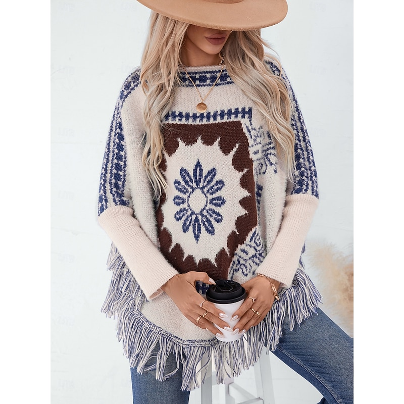 Women's Cape Daily Casual Graphic Geometric Print Boat Neck Knitted Long Sleeve Regular Tops Knit Home Work Black Beige Fall Winter4