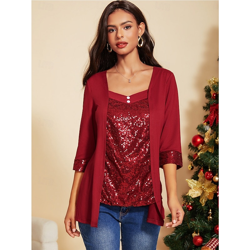 Women's  Tunic Blouse  Solid Color Daily Casual Long Sleeve V Neck Red Spring Fall