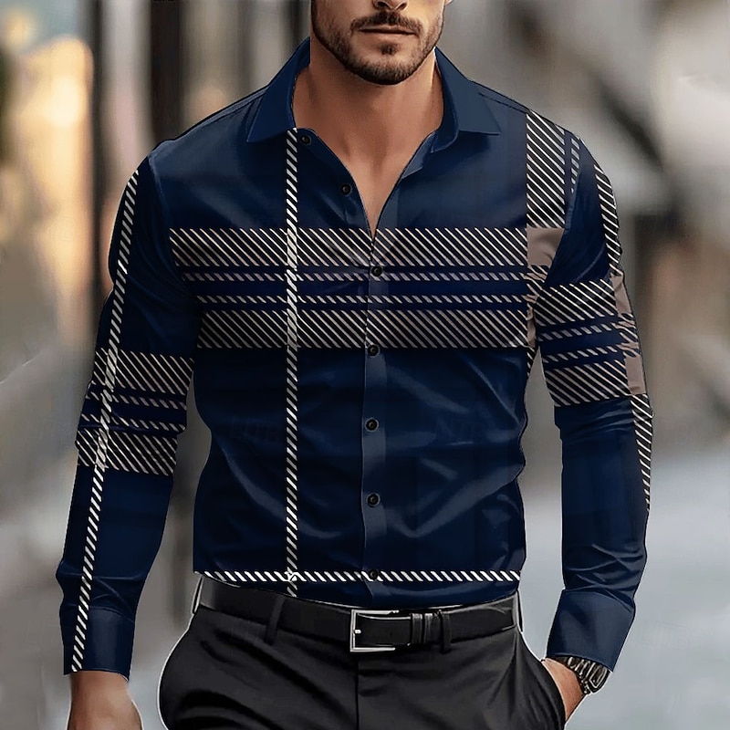 Men's Dress Shirt Button Up Shirt Geometric Business Daily Ink Blue Long Sleeve Shirt Collar Fall Winter Clothing Apparel Button Up