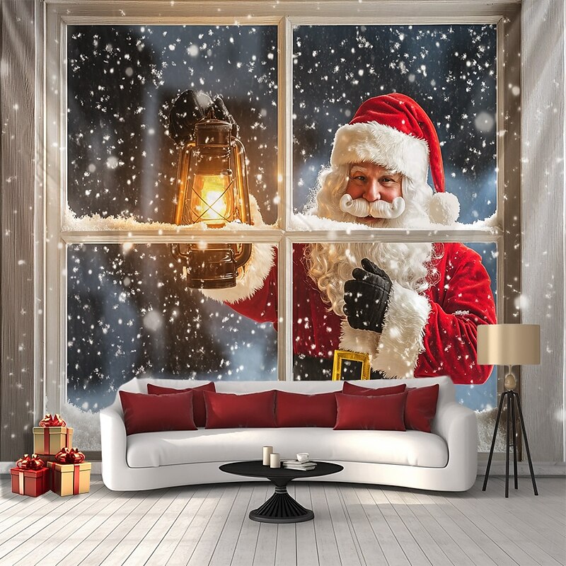 Christmas Decorations Hanging Tapestry Santa Outside Window Wall Art Large Tapestry Mural Decor Photograph Backdrop Blanket Curtain Home Bedroom Living Room Decoration