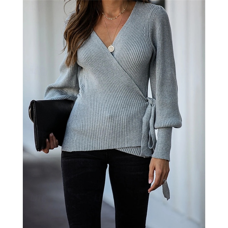 Women's Wrap Knit Sweater V Neck Ribbed Knit Knitted Lantern Sleeve Fall Winter Work Elegant Fashion Daily Long Sleeve Solid Color Black Beige
