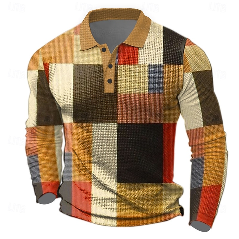 Men's Plaid Waffle Polo Shirts Golf Shirt Long Sleeve Polo Shirts Collared Shirts Vintage Casual Vacation Wear Formal Wear Festival Wear Buttons 3D Print Spring Fall Winter Multi Color