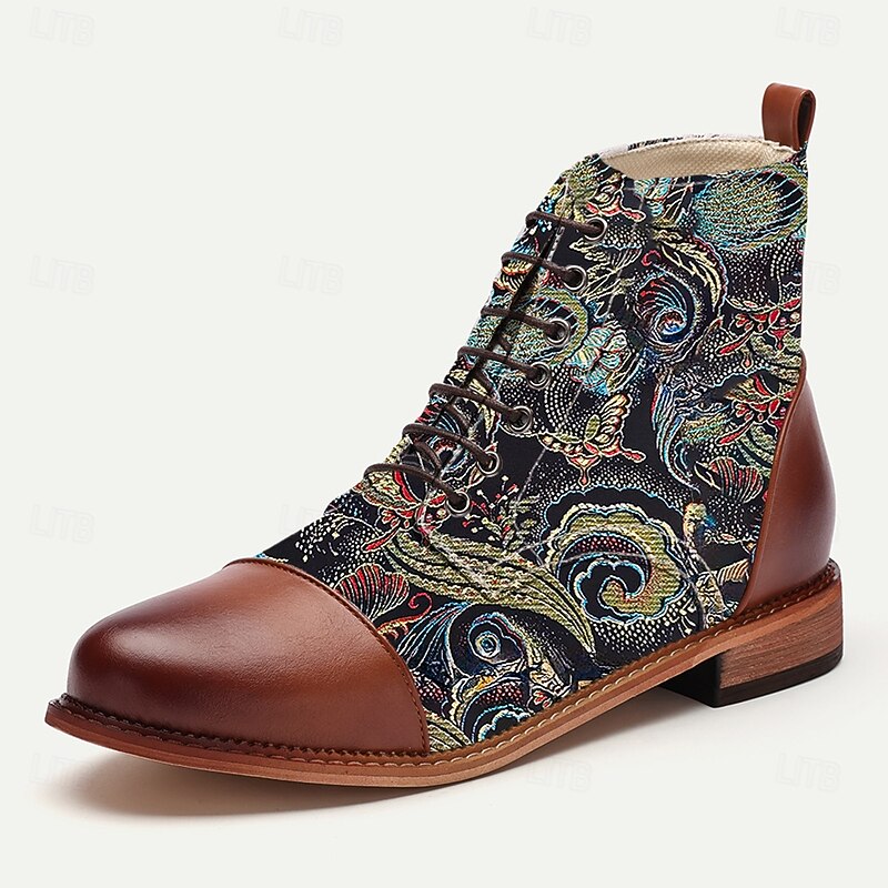 Men's Vintage Peacock Feather Print Lace-Up Ankle Boots – Faux Leather and Jacquard Fabric, Casual and Formal Wear4