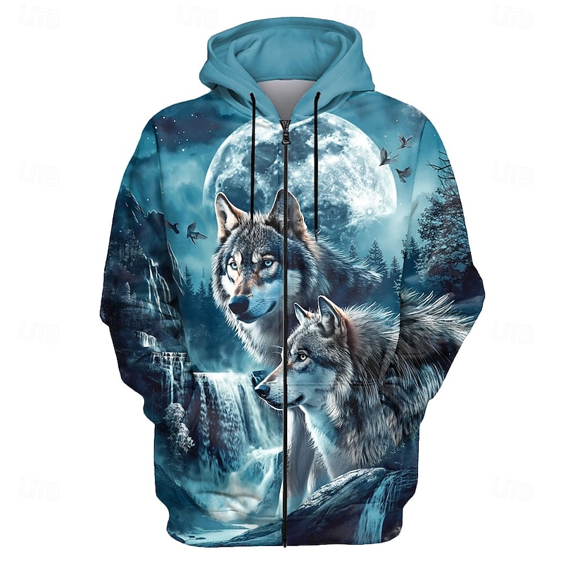 Men's Wolf Hoodie Hoodies Sweatshirt Fashion Daily Long Sleeve Hooded Holiday Travel Blue Drawstring Zipper Pocket Fall Winter Designer3