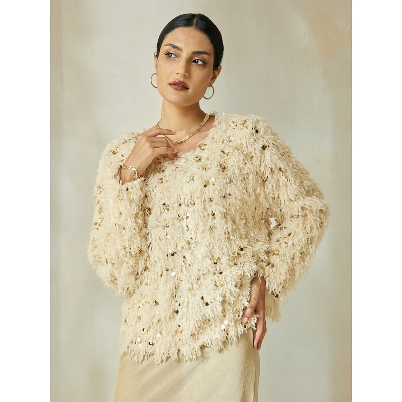 Apricot Sequin Feather Crew Neck Blouse4