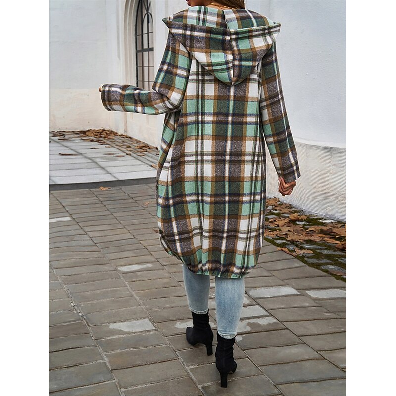 Women's Hoodie Jacket Outdoor Street Daily Wear Fall Winter Long Coat Regular Fit Thermal Warm Breathable Stylish Casual Jacket Long Sleeve Stripes and Plaid with Pockets Full Zip Red Brown Green2