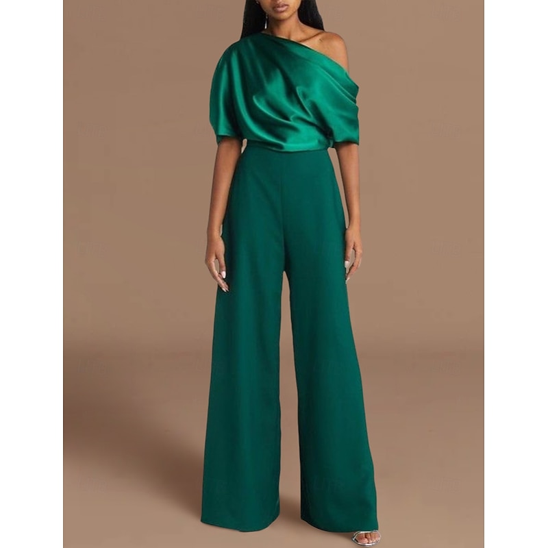 Jumpsuits Wedding Guest es Elegant  Formal Wedding Reception Floor Length Short Sleeve One Shoulder Stretch Crepe with Ruched