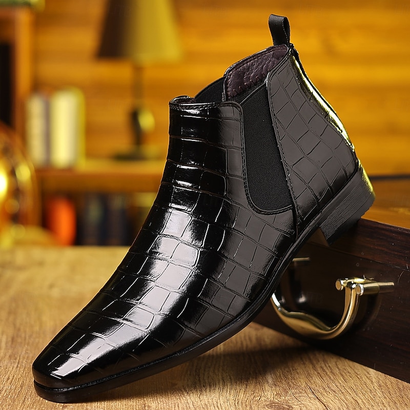Men's Black Crocodile Pattern Faux Leather Chelsea Boots - Elegant Slip-On Ankle Boots for Formal and Business Wear