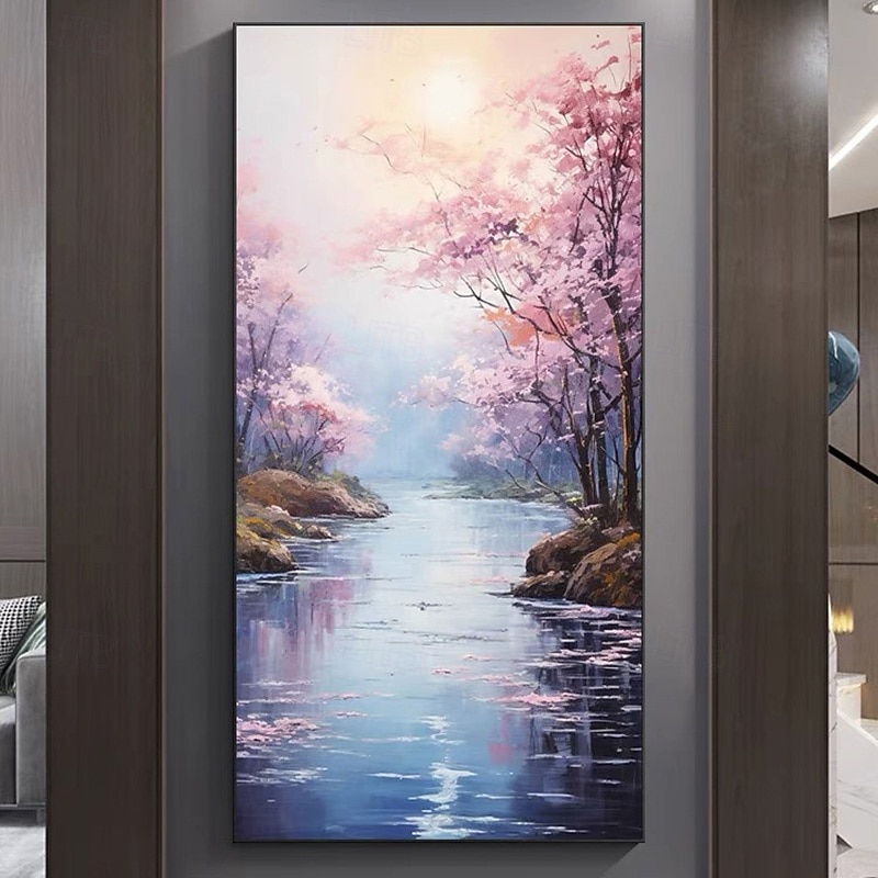 Handpainted Original Colorado River Pink Wildflowers Large Oil Painting Summer Landscape Wall Art Home Decor For Living Room No Frame