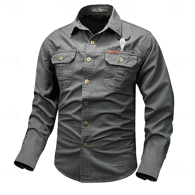 Men's Cow Work Shirt Western Shirt Cargo Shirt Long Sleeve Casual Tactical Sports & Outdoor Going out Winter Spring &  Fall Turndown Print Black Grey Black White Army Green Red4