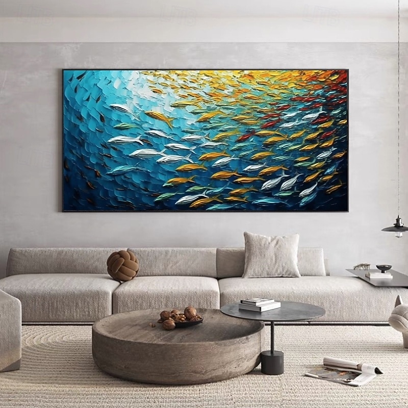 Handpainted Blue Ocean World Multicolored Tropical Fish oil painting handmade 3D fish Oil Painting Modern Marine Seascape painting Nature Decor Vertical Artwork Underwater Spectacle oil painting4