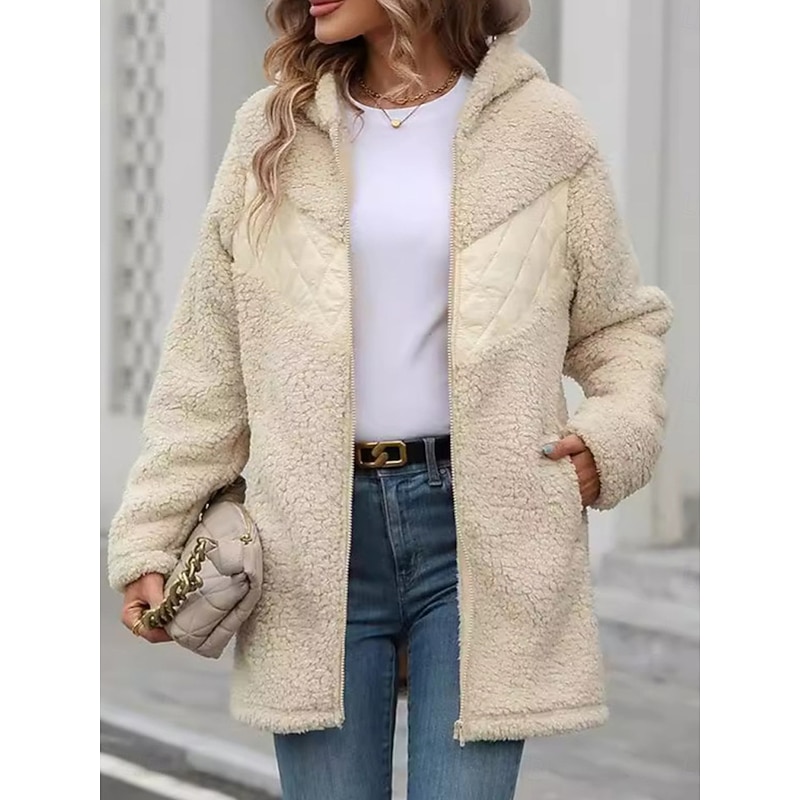 Women's Fleece Jacket Teddy Coat Hoodie Jacket Warm Breathable Zipper Pocket Fleece Lined Casual Plain Vacation Street Daily Wear Going out Zipper Regular Hoodie Regular Fit Long Sleeve Outerwear