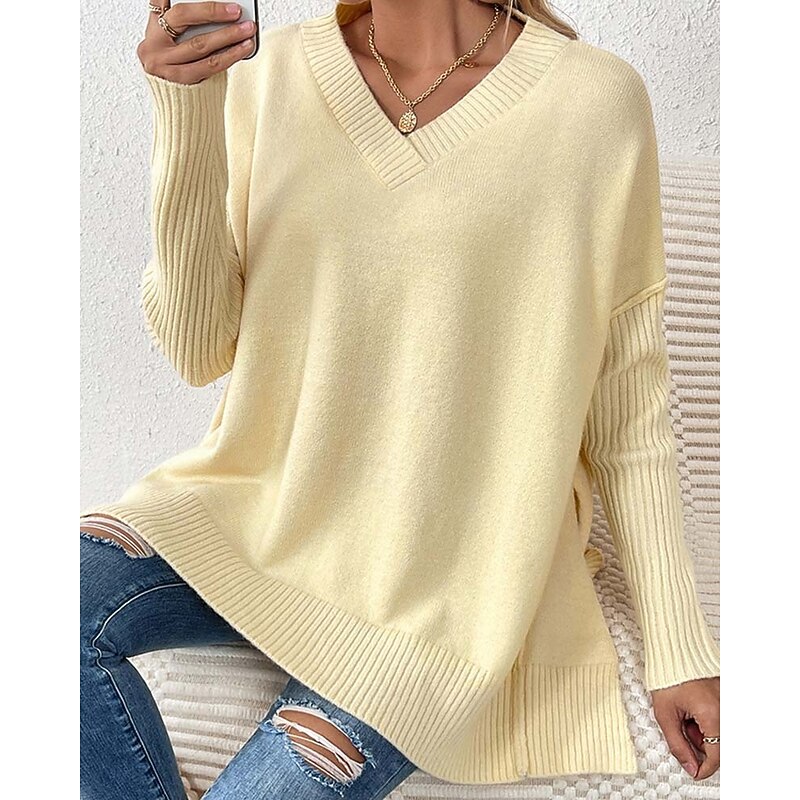 Women's Sweater Elegant Fashion Daily Solid Color V Neck Knitted Long Sleeve Long Tops Knit Work Black Yellow Fall Winter