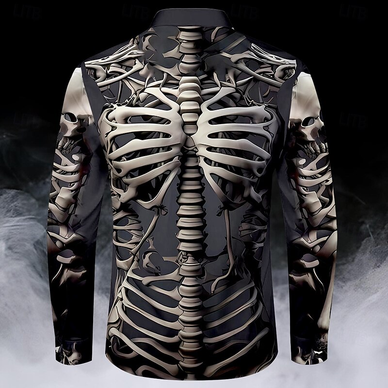 Halloween Men's Cool Skulls Halloween Costumes Button Up Shirt Long Sleeve Horror Dark Party Evening Wear Fall Winter Spring & Summer Shirt Collar Button Up 3D Print Black2