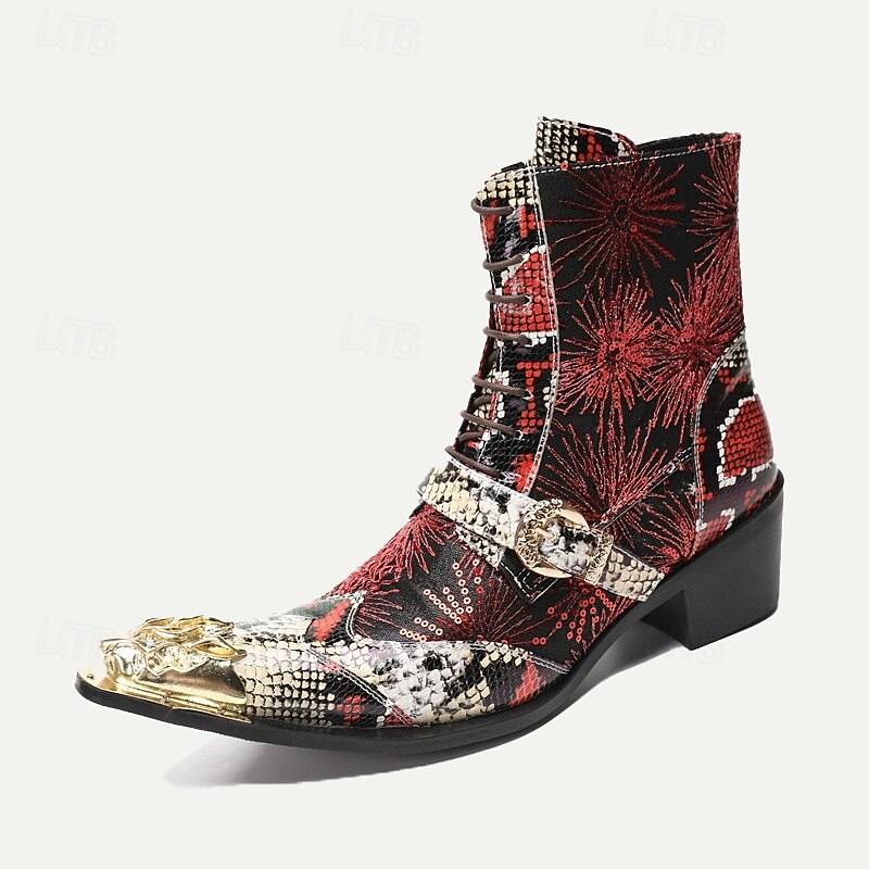 Men's Premium Cowhide Leather Lace-Up Motorcycle Boots with Gold Tip Dragon Buckle, Snakeskin and Sequin Pattern–Bold Western Style for Biker Events and Cosplay2