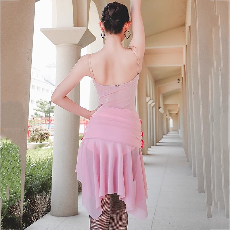 Latin Salsa Dance Dress Ruffles Pure Color Splicing Women's Performance Training Sleeveless Mesh4