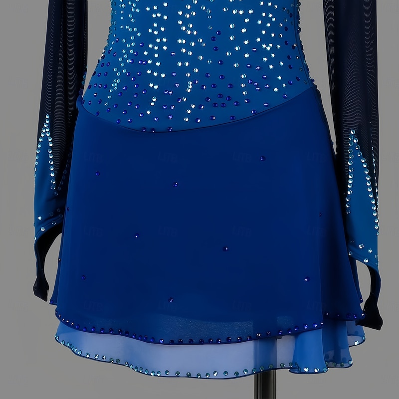 Figure Skating Dress Women's Girls' Ice Skating Dress Dark Green Dark Blue Patchwork Thumbhole Mesh Spandex Stretchy Training Practice Professional Skating Wear Thermal Warm Classic Crystal4