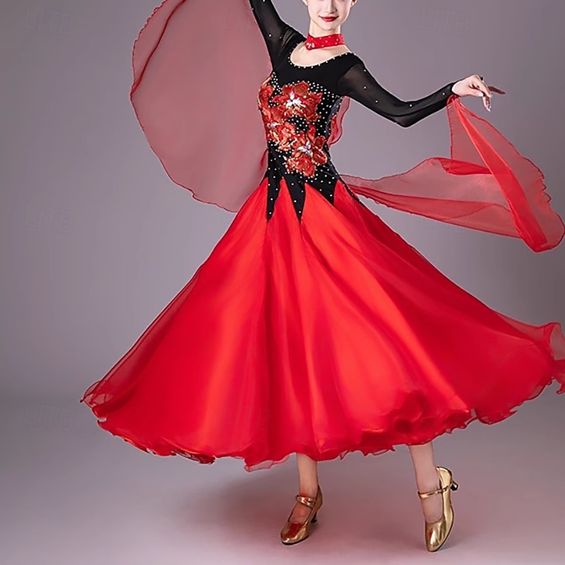 Ballroom Dance Dress Embroidery Splicing Crystals / Rhinestones Women's Performance Training Long Sleeve Mesh Spandex Organza4