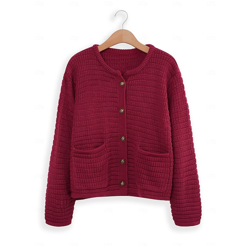 Women's Classic Cardigan Crew Neck Knitted Textured Fall Winter Formal Elegant Fashion Daily Long Sleeve Solid Color Wine Red Black4