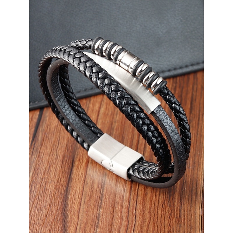 Men's Black Braided Faux Leather Bracelet with Gold Magnetic Clasp – Modern Casual Wristband with Beaded Accents, Perfect for Everyday Wear and Gifts3