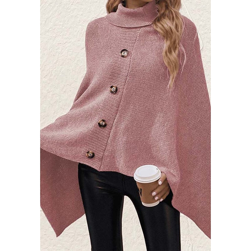 Women's Cape Daily Casual Solid Color Turtleneck Knitted 3/4 Length Sleeve Regular Tops Knit Formal Outdoor Work Pink Brown Fall Winter4