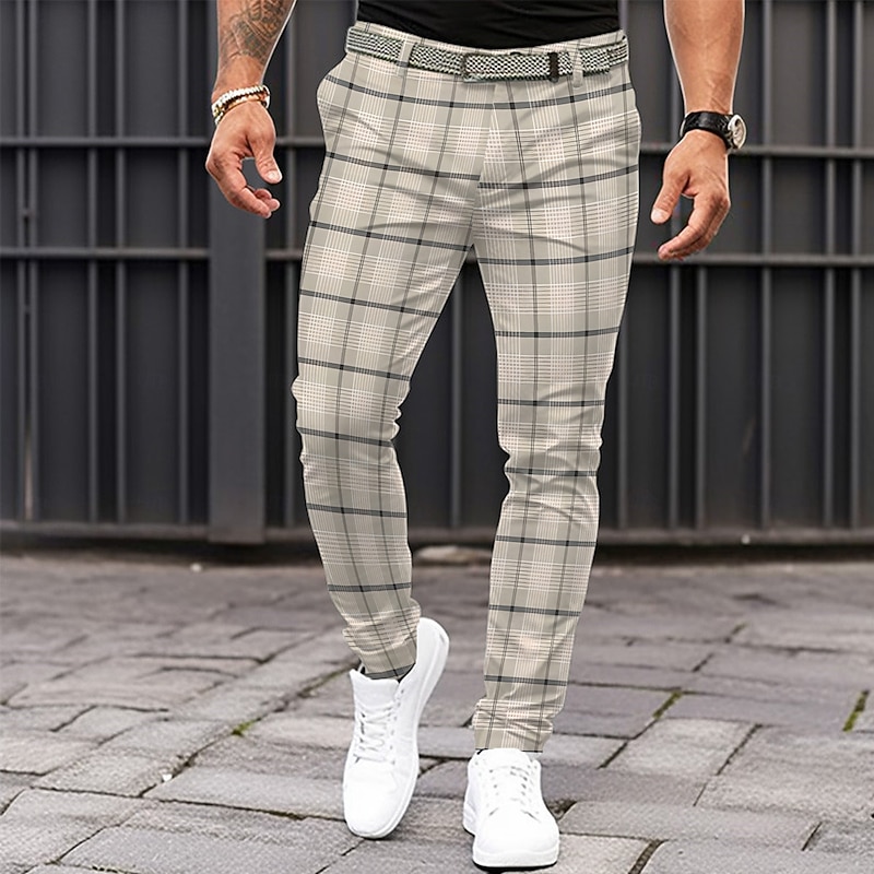 Men's Plaid Dress Pants Mid Waist Business Casual Formal Dailywear Pocket Summer Spring Fall Beige