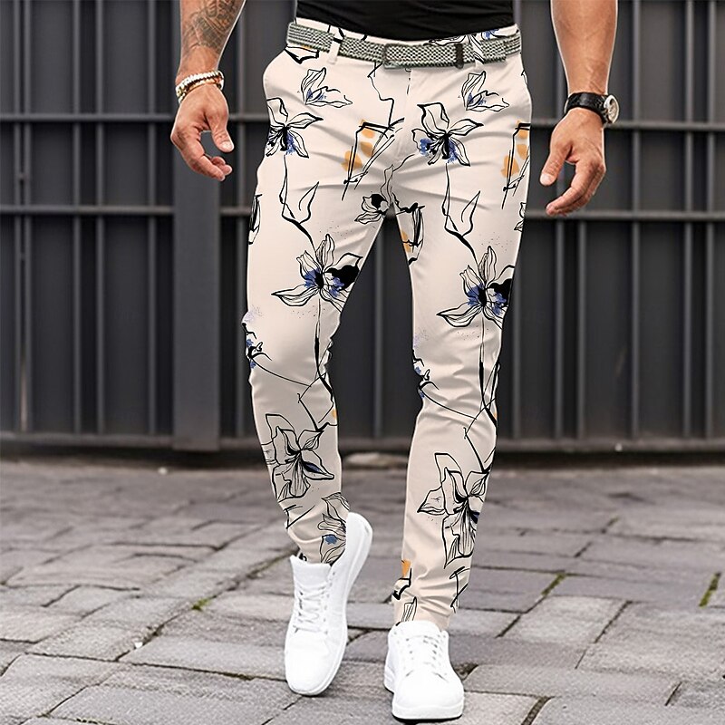 Men's Floral Dress Pants Mid Waist Vintage Casual Formal Dailywear Pocket Summer Spring Fall Beige