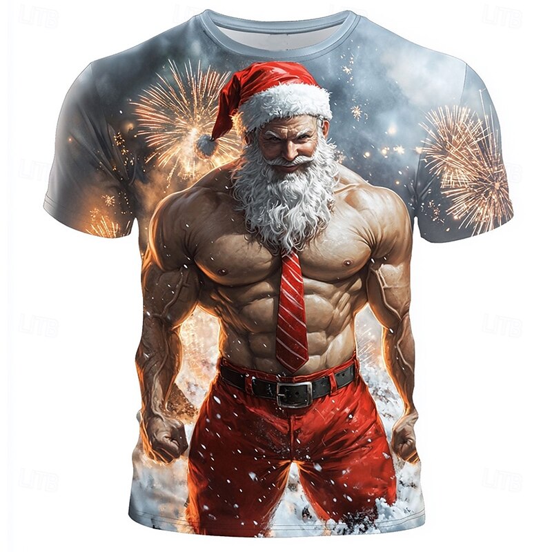 Christmas Men's Santa Claus 3D T-shirts Santa Claus Muscle Casual Street Style 3D Print Tee Sports Outdoor Holiday Gray Short Sleeve Crew Neck Spring & Summer Clothing Apparel S M L XL XXL