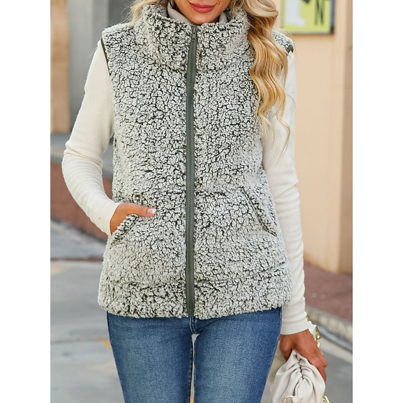 Women's Fleece Jacket Fleece Vest Teddy Coat Warm Breathable Zipper Pocket Fleece Lined Casual Plain Vacation Street Daily Wear Going out Zipper Regular Stand Collar Regular Fit Sleeveless Outerwear