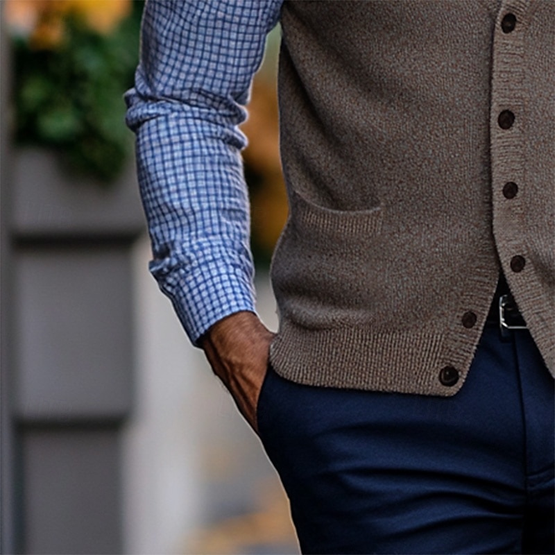 Men's Sweater Vest Cardigan Cropped Knitted Knit Regular Pocket Solid Color V Neck Elegant Vintage Home Work Clothing Apparel Spring Fall Dark Navy Brown M L XL3
