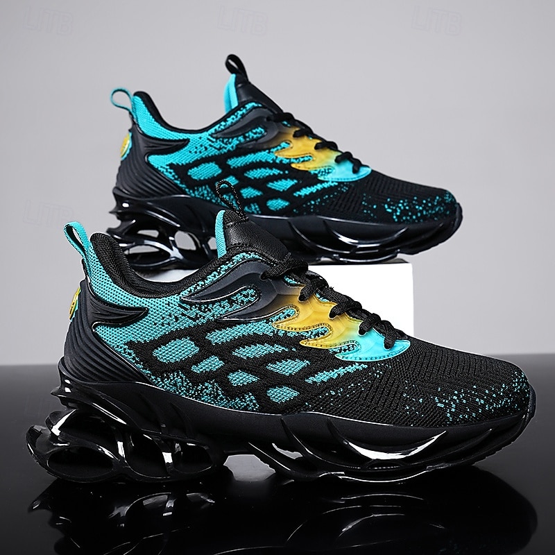 Men's Blue Athletic Sneakers with Unique Hollow Sole Design, Breathable Knit Upper, and Flame Detail – Lightweight Running Shoes with Orange Accents