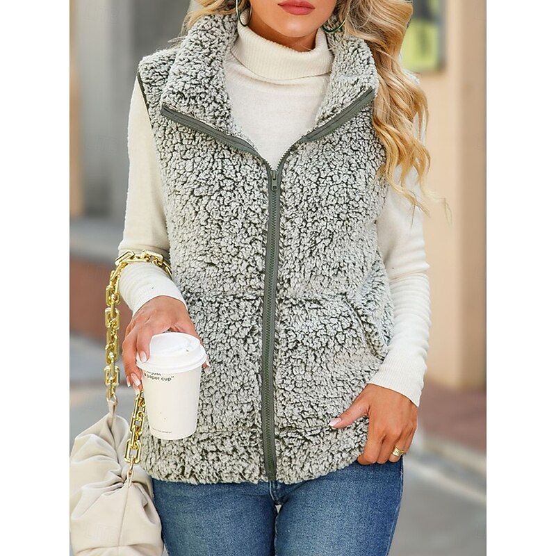 Women's Fleece Jacket Fleece Vest Teddy Coat Warm Breathable Zipper Pocket Fleece Lined Casual Plain Vacation Street Daily Wear Going out Zipper Regular Stand Collar Regular Fit Sleeveless Outerwear4
