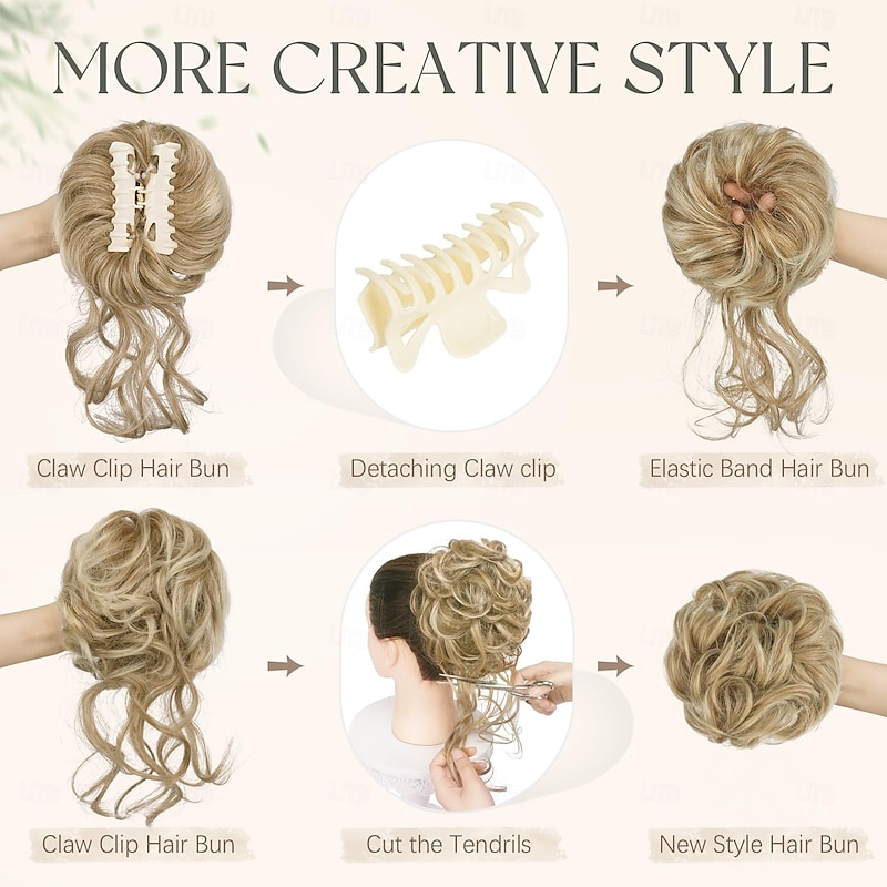 Claw Clip Messy Bun Hair Piece Curly Wavy Hair Bun Clip in Claw Chignon Ponytail Extensions Synthetic Tousled Updo with Tendrils Hairpieces Accessories Scrunchies for Women4