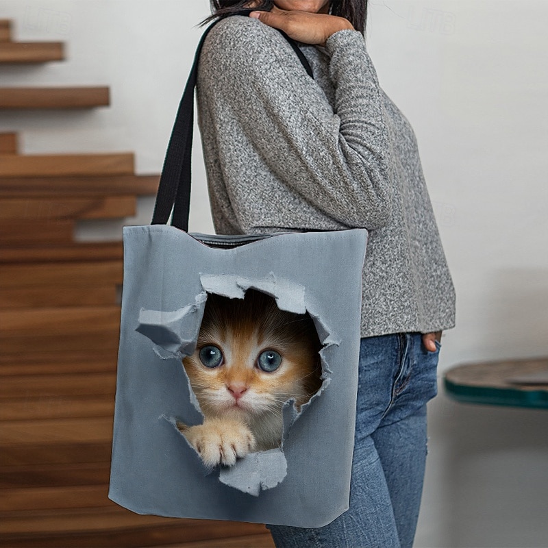 Women's Cute Kitten Print Tote Bag - Durable Canvas Shopping Bag with 3D Cat Design for Cat Lovers and Everyday Use2