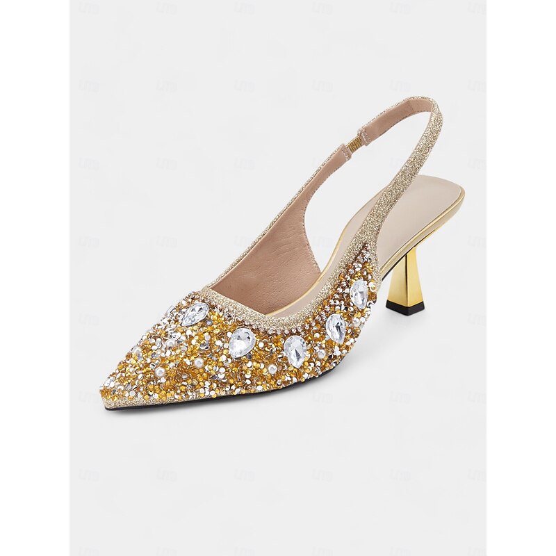 Women's Gold Rhinestone Slingback Heels with Pearl Embellishments – Luxury Pointed Toe Shoes for Weddings, Parties, and Formal Occasions