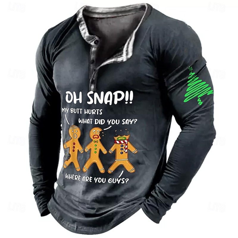 Christmas Men's Gingerbread Man Henley T Shirt Letter Letters Gingerbread Man Letter Print Sports Fashion Daily 3D Printing Henley Long Sleeve Street Casual Daily Red Dark Blue Gray Long Sleeve4