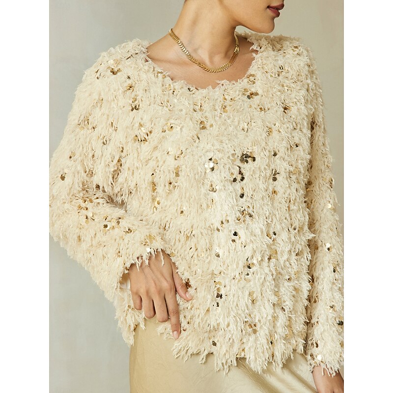 Apricot Sequin Feather Crew Neck Blouse2