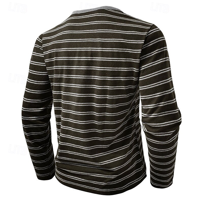 Men's Button T Shirt T Shirt Henley Shirt Tee Long Sleeve Henley Spring &  Fall Striped Fashion Designer Basic Buttons Vacation Street Going out Black White Army Green Top Tee for Men3
