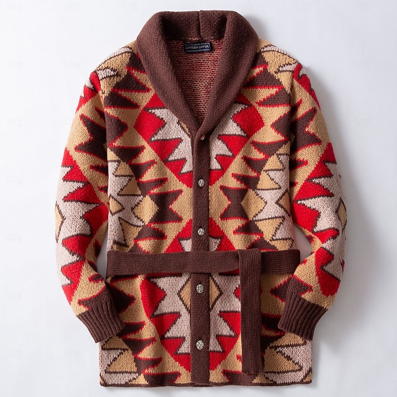 Men's Jacquard Sweater Cardigan Sweater Cardigan Coat Knit Sweater Ribbed Crochet Knit Tunic Knitted Jacquard Vintage Shawl Collar Fashion Classic Daily Wear Date Clothing Apparel Fall & Winter Brown