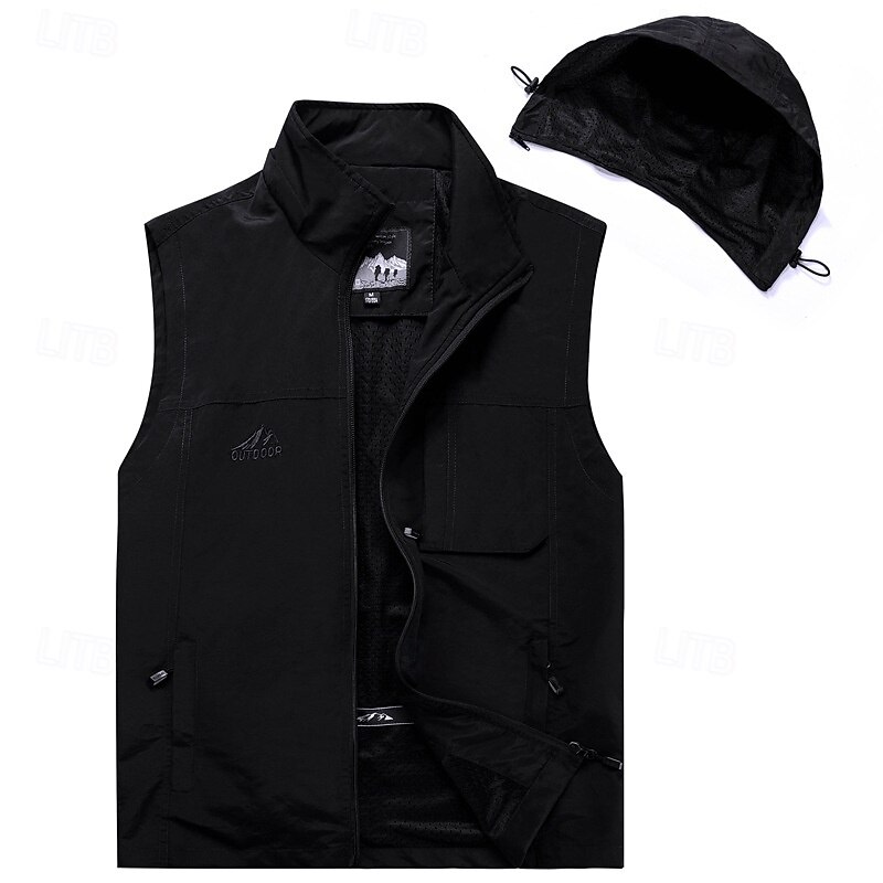 Men's Vest Gilet Fishing Vest Hiking Vest Daily Date Vacation Fashion Casual Spring &  Fall Pocket Detachable Hood Polyester Comfortable Plain Zipper Hooded Regular Fit Black Khaki Army Green Dark3