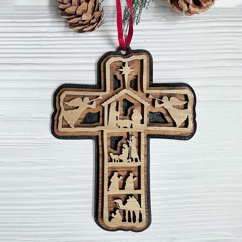 Christmas Tree Oranments Wooden Jesus Cross Pendant Xmas Decor, Religious Craft. Symbol of Faith & Grace. Adds Charm to Your Space2