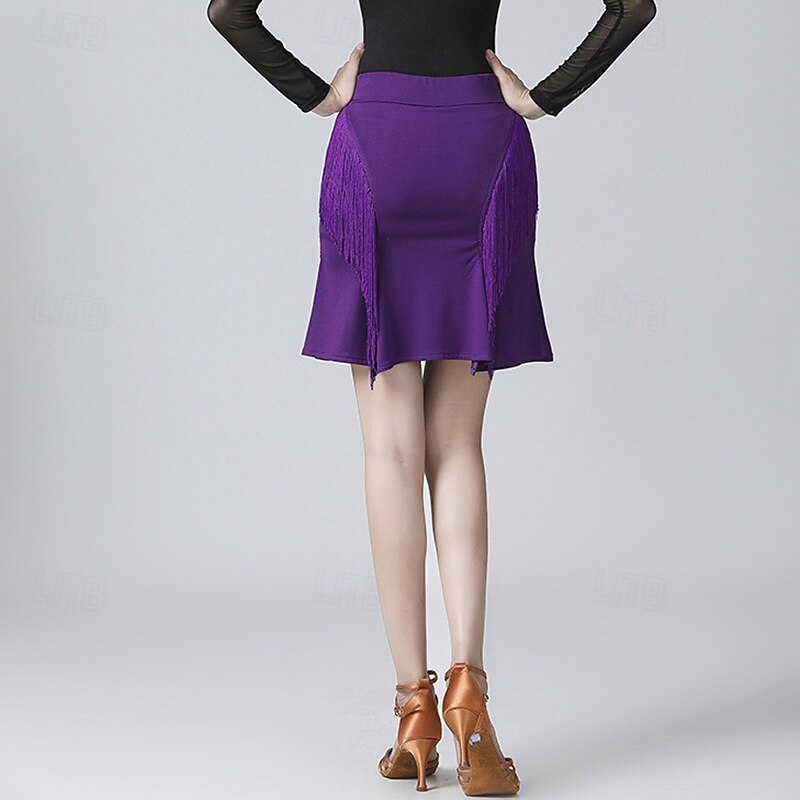 Latin Dance Skirts Tassel Pure Color Women's Performance Training High Polyester3