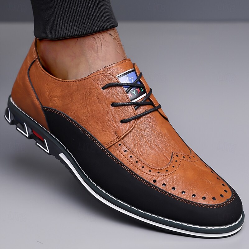 Men's Two-Tone Faux Leather Oxford Shoes – Lace-Up Design with Brogue Detailing, Stylish and Comfortable for Casual and Formal Occasions