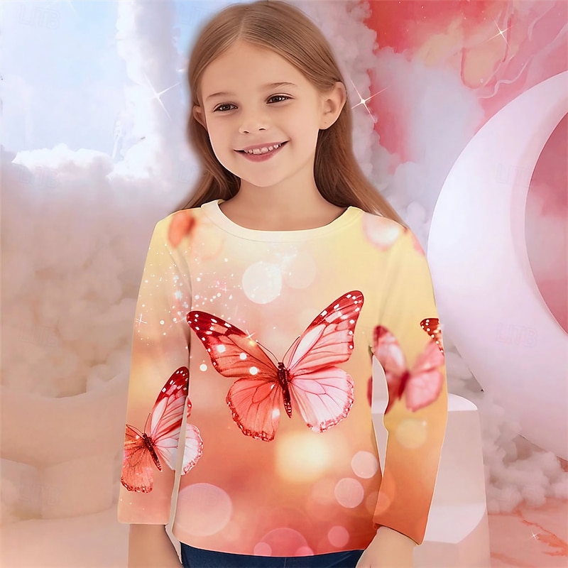 Girls' 3D Graphic Animal Butterfly T shirt Tee Long Sleeve Spring Fall Fashion Basic Kids 4-12 Years Crew Neck Outdoor Casual Daily Regular Fit