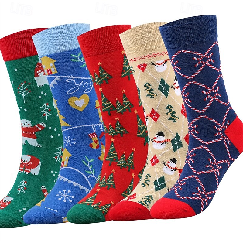Men's 5 Pairs Multi Packs Socks Crew Socks Casual Socks Christmas Socks Red Navy Blue Color Christmas Tree Christmas Daily Vacation Medium Fall Winter Fashion Casual2