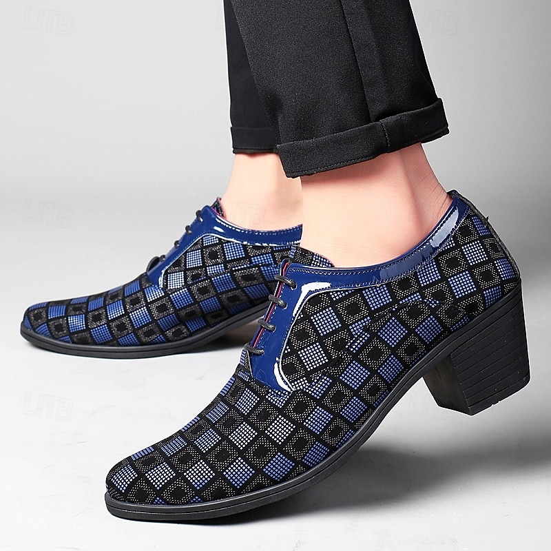 Men's Patterned Lace-Up Block Heel Dress Shoes – Blue and Black Geometric Design for Christmas Party, Formal, and Dance Events4
