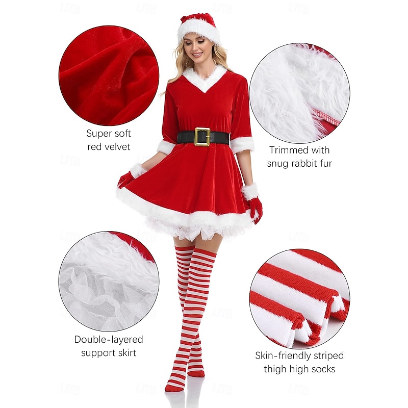 Santa Claus Mrs.Claus Outfits Fancy Christmas Dress Santa Suits Cosplay Costumes Women's Christmas Adults' Christmas New Year Christmas Eve Christmas New Year Eve Dress Gloves Belt Socks Hat3