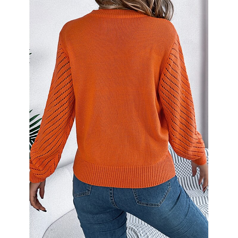 Women's Sweater Elegant Daily Plaid Pure Color Crew Neck Hollow Out Long Sleeve Regular Tops Knit Work White Orange Fall Winter2