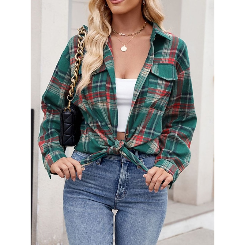 Women's Casual Jacket Outdoor Street Daily Wear Fall Winter Regular Coat Regular Fit Thermal Warm Breathable Stylish Casual Jacket Long Sleeve Stripes and Plaid with Pockets Print Pink Red Orange3